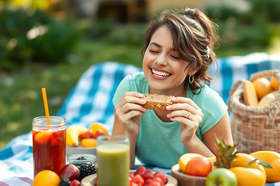 7 Deliciosas Barritas de Manteiga de Amendoim para Energizar seu Dia 8 Mulher sorri enquanto come uma barrita de manteiga de amendoim em um ambiente ao ar livre.