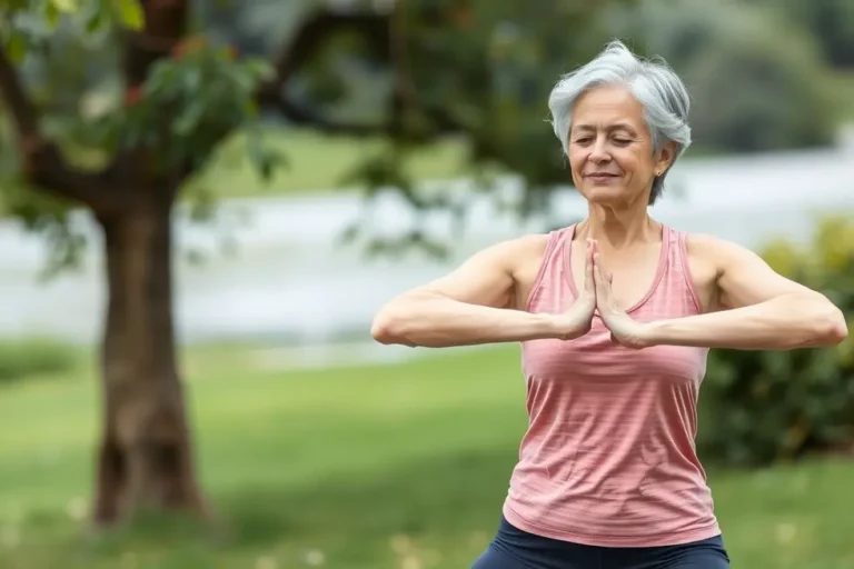 Mulher madura feliz praticando yoga ao ar livre.