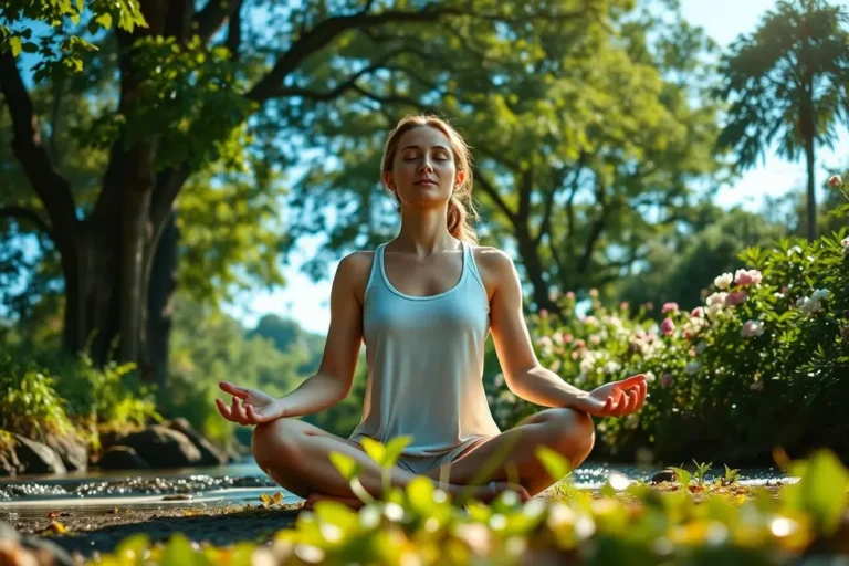 Mulher meditando em um ambiente natural, representando saúde e bem-estar.