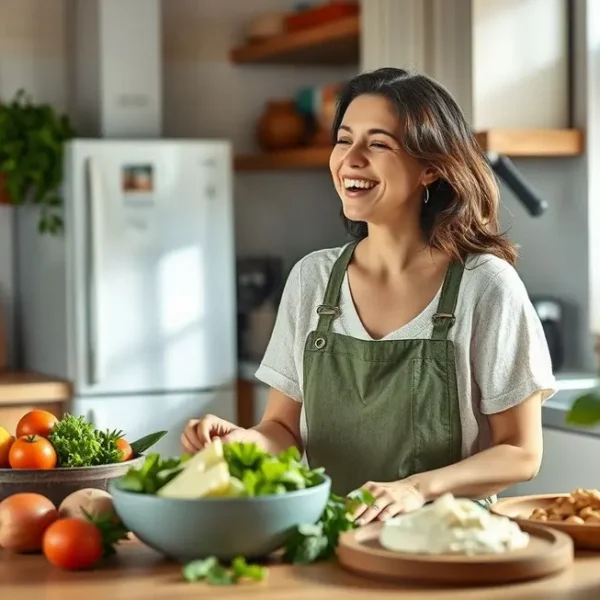 Mulher preparando uma refeição saudável com requeijão de caju na cozinha.