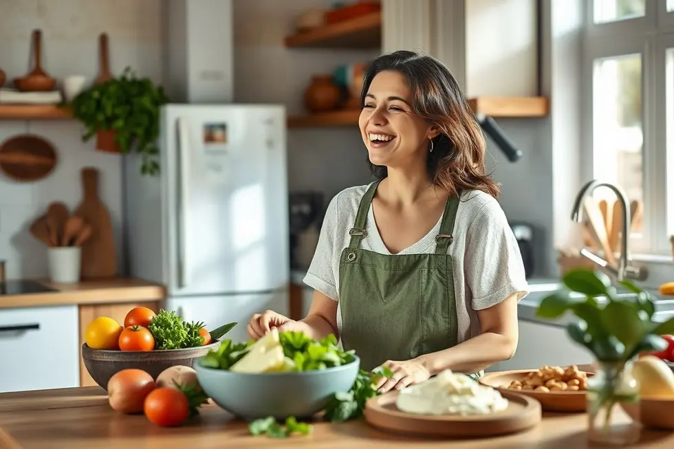 7 Razões para Apostar no Requeijão de Caju na Sua Cozinha 8 Mulher preparando uma refeição saudável com requeijão de caju na cozinha.