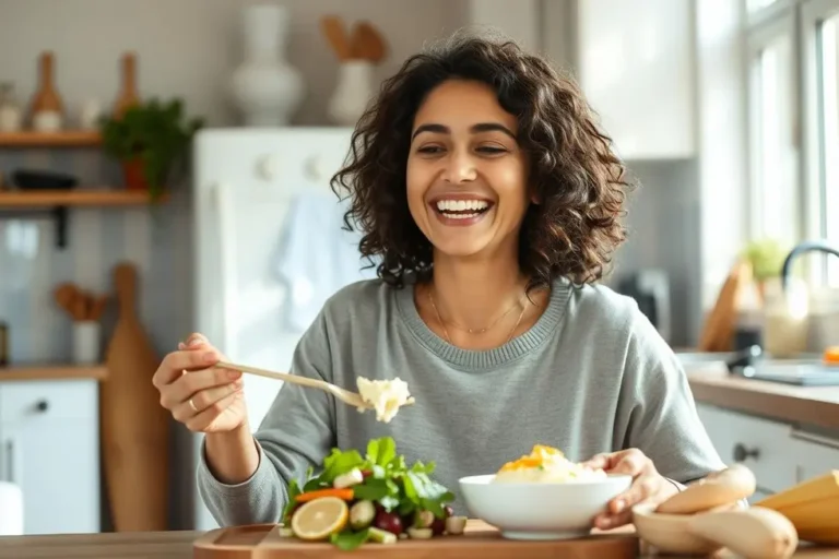 Mulher feliz desfrutando de um prato saudável com requeijão de caju na cozinha.