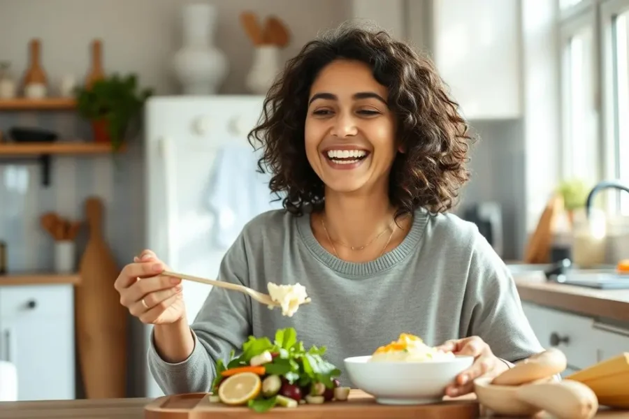 Mulher feliz desfrutando de um prato saudável com requeijão de caju na cozinha.
