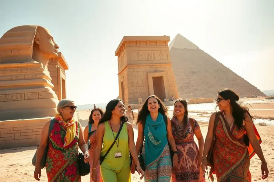 Grupo de mulheres explorando as Pirâmides de Gizé com entusiasmo.