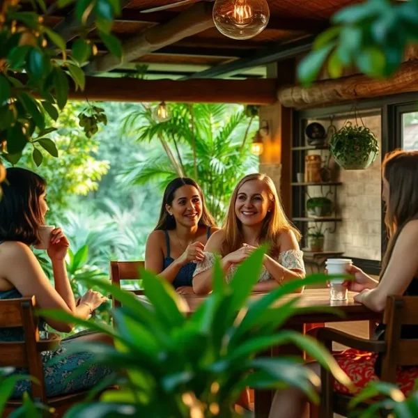Grupo de mulheres se divertindo em um café rodeado pela natureza.