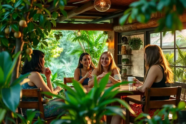 Grupo de mulheres se divertindo em um café rodeado pela natureza.