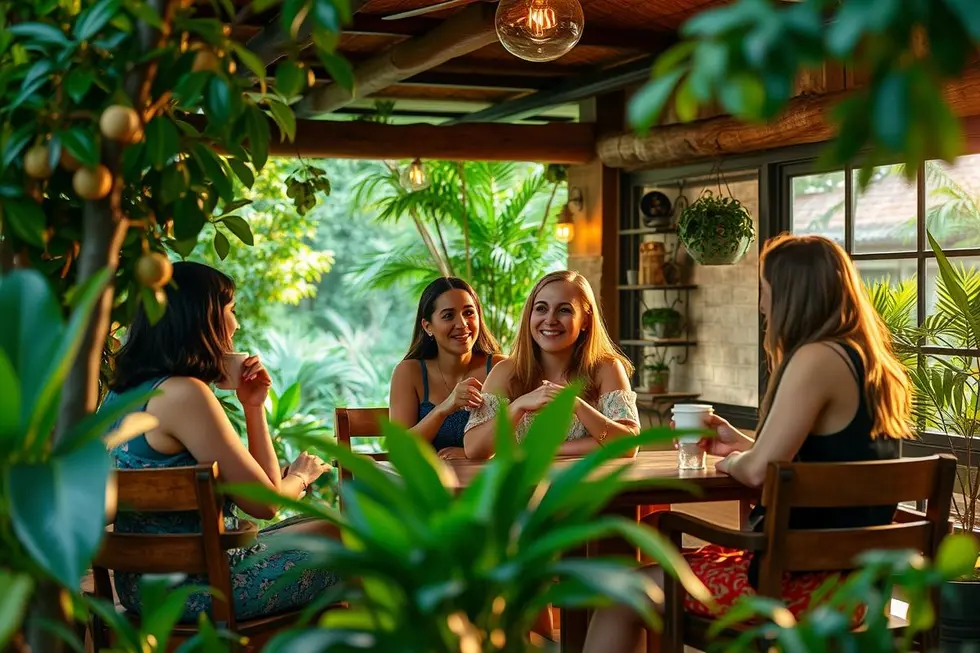 Descubra Guararema: 7 Experiências de Lazer para um Bate-Volta Inesquecível 8 Grupo de mulheres se divertindo em um café rodeado pela natureza.
