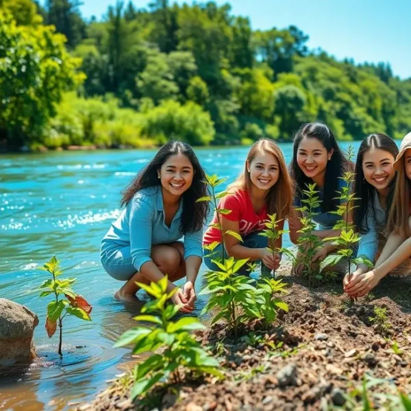Mulheres sorrindo enquanto plantam árvores perto de um rio limpo.