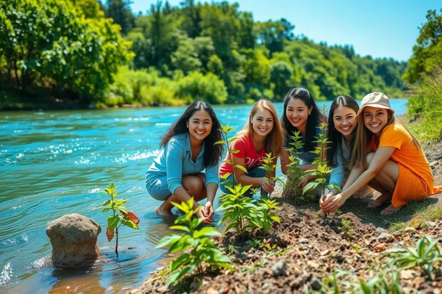 Mulheres sorrindo enquanto plantam árvores perto de um rio limpo.