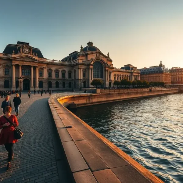Vista panorâmica do Musée d’Orsay ao lado do Rio Sena, com visitantes apreciando o espaço.