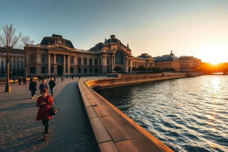 Vista panorâmica do Musée d’Orsay ao lado do Rio Sena, com visitantes apreciando o espaço.