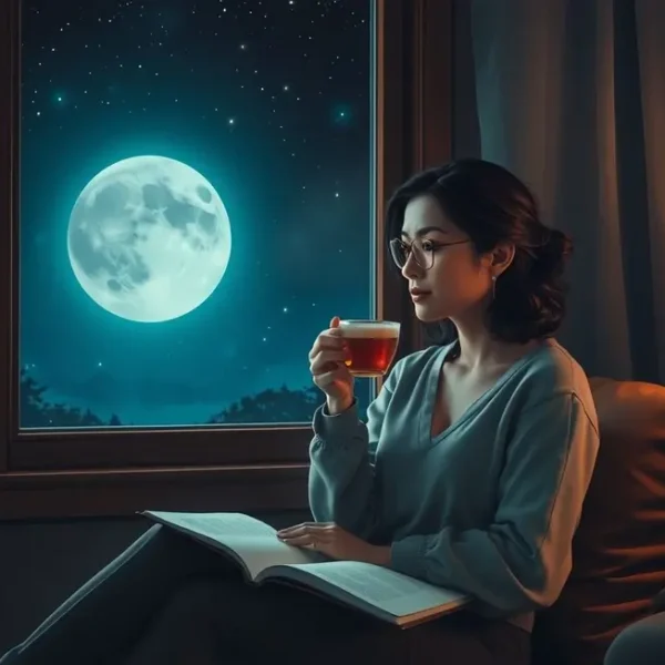 Mulher relaxando antes do trabalho à noite, refletindo em um diário.