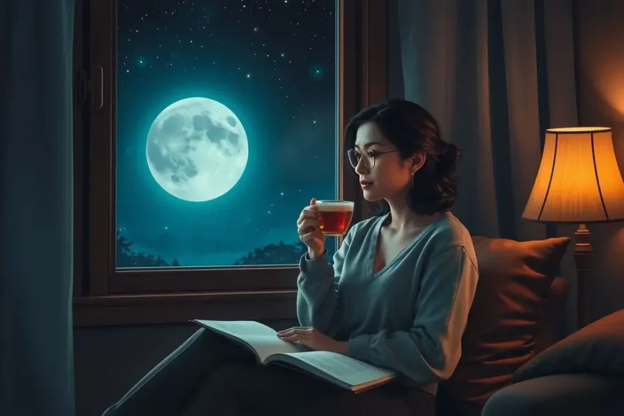 Mulher relaxando antes do trabalho à noite, refletindo em um diário.