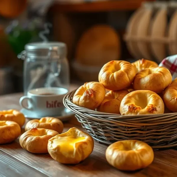 Pão de queijo fresco em uma mesa de cozinha aconchegante.