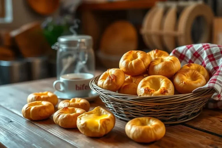 Pão de queijo fresco em uma mesa de cozinha aconchegante.