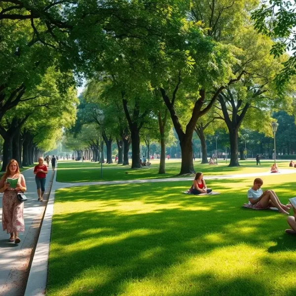 Vista ampla do Parque del Retiro com mulheres desfrutando do espaço tranquilo.