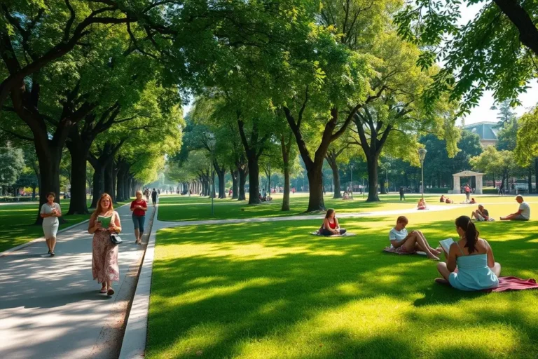 Vista ampla do Parque del Retiro com mulheres desfrutando do espaço tranquilo.