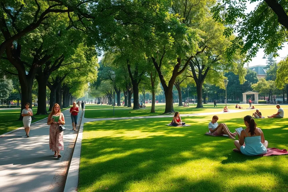 7 Motivos Para Visitar o Parque del Retiro e Equilibrar Sua Vida em Madri 8 Vista ampla do Parque del Retiro com mulheres desfrutando do espaço tranquilo.