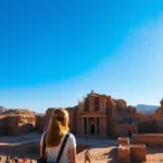 Vista serena de Petra com viajantes femininas na frente.