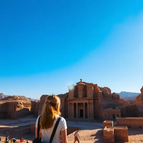 Vista serena de Petra com viajantes femininas na frente.