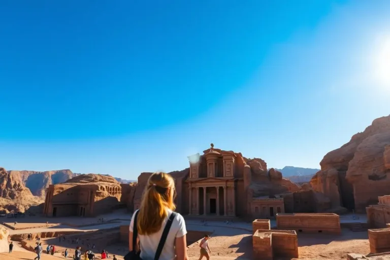 Vista serena de Petra com viajantes femininas na frente.