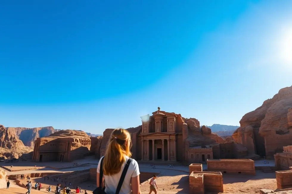 Descubra Petra: 7 Riquezas Históricas que Empoderam Mulheres Viajantes 8 Vista serena de Petra com viajantes femininas na frente.