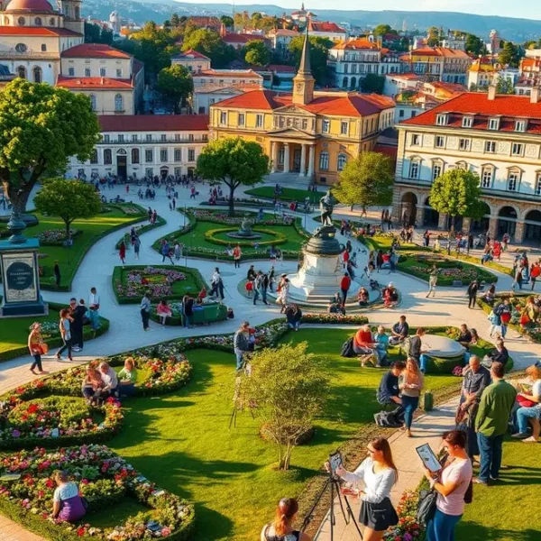 Cena vibrante da Praça de Espanha com pessoas e natureza.