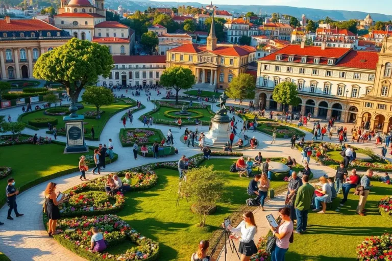 Cena vibrante da Praça de Espanha com pessoas e natureza.