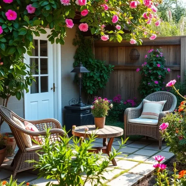 Um quintal acolhedor com áreas de estar e natureza vibrante.