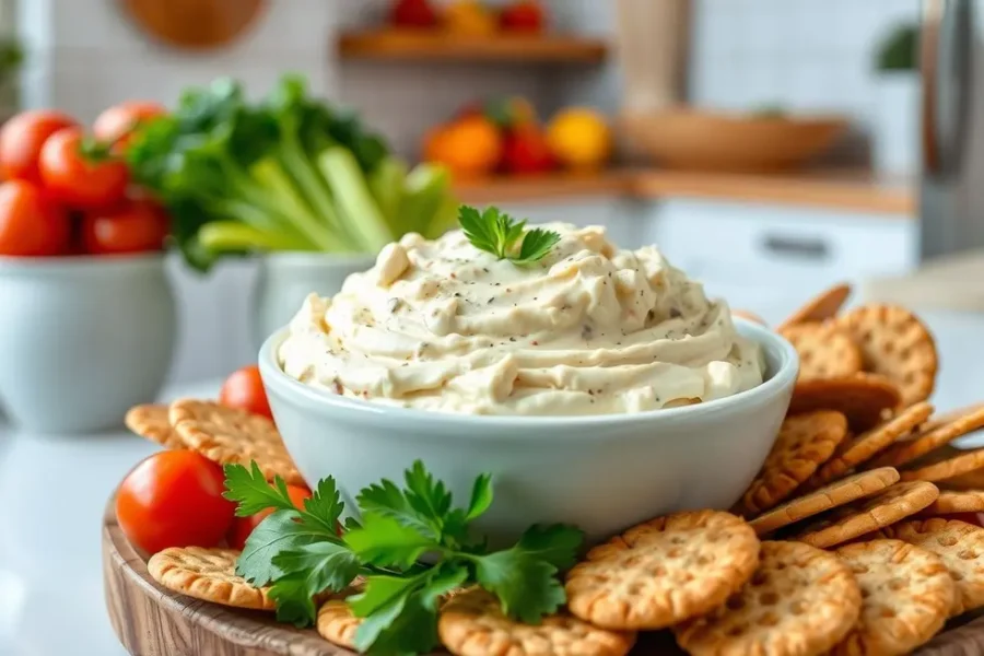 Cashew cream cheese served with fresh vegetables.
