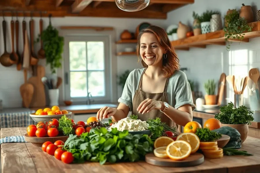 Cozinha aconchegante com mulher preparando requeijão de caju.