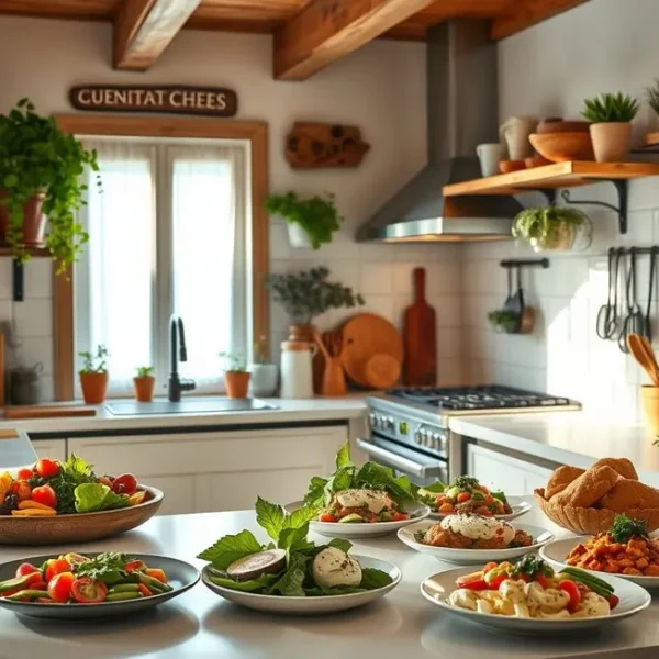 Uma cozinha iluminada com pratos saudáveis preparados com requeijão de caju.