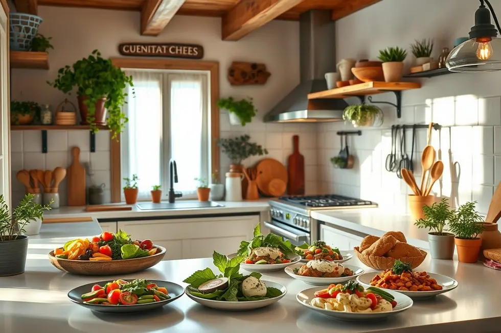 Requeijão de Caju: 7 Receitas Nutritivas para uma Alimentação Saudável 8 Uma cozinha iluminada com pratos saudáveis preparados com requeijão de caju.
