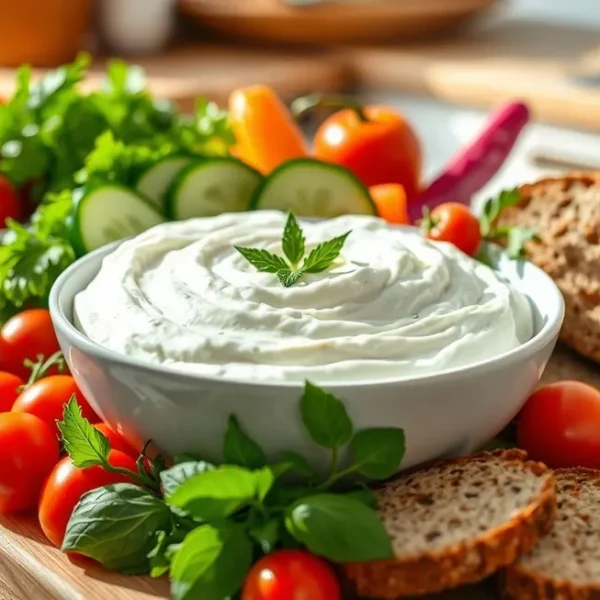 Uma tigela de requeijão de caju ao lado de vegetais frescos e pão integral.