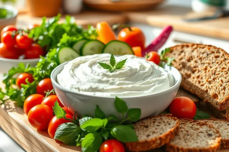 Uma tigela de requeijão de caju ao lado de vegetais frescos e pão integral.