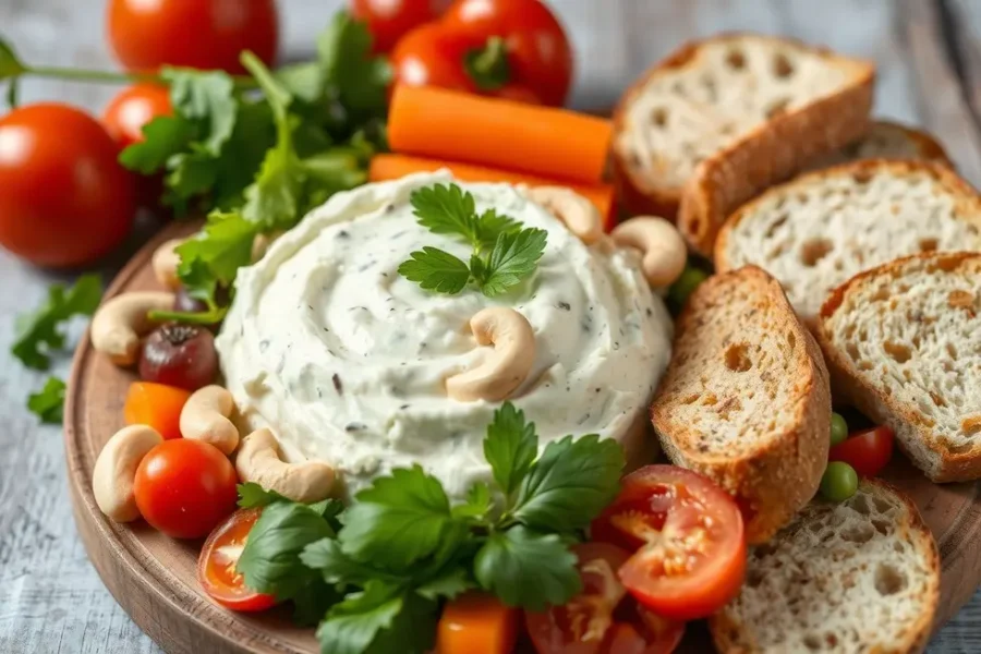 Um prato criativo com requeijão de caju e ingredientes frescos.