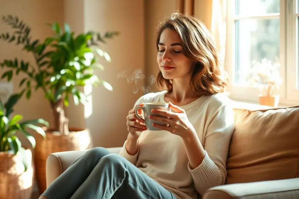 8 Estratégias Práticas para Tratar e Prevenir Hemorroidas 8 Mulher desfrutando de um momento de autocuidado com chá.