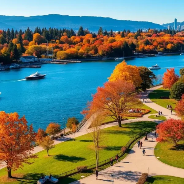 Vista panorâmica de Stanley Park mostrando suas belezas naturais.