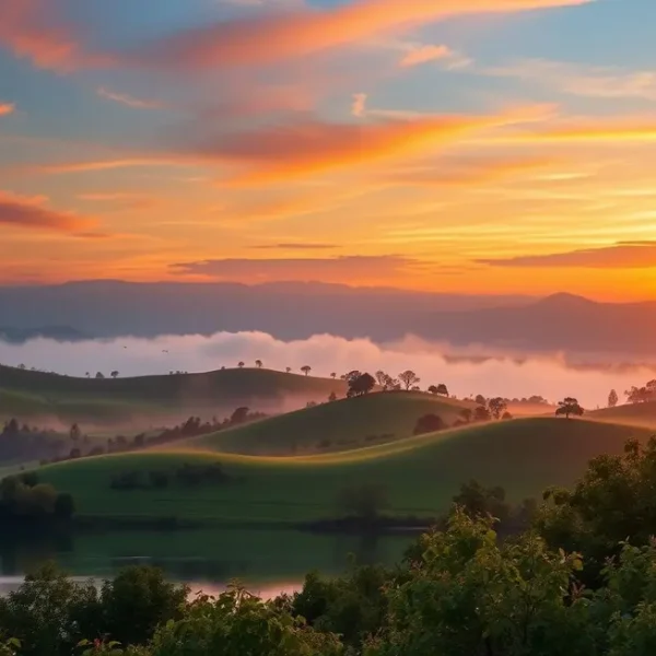 Paisagem serena de um nascer do sol, simbolizando novos começos.