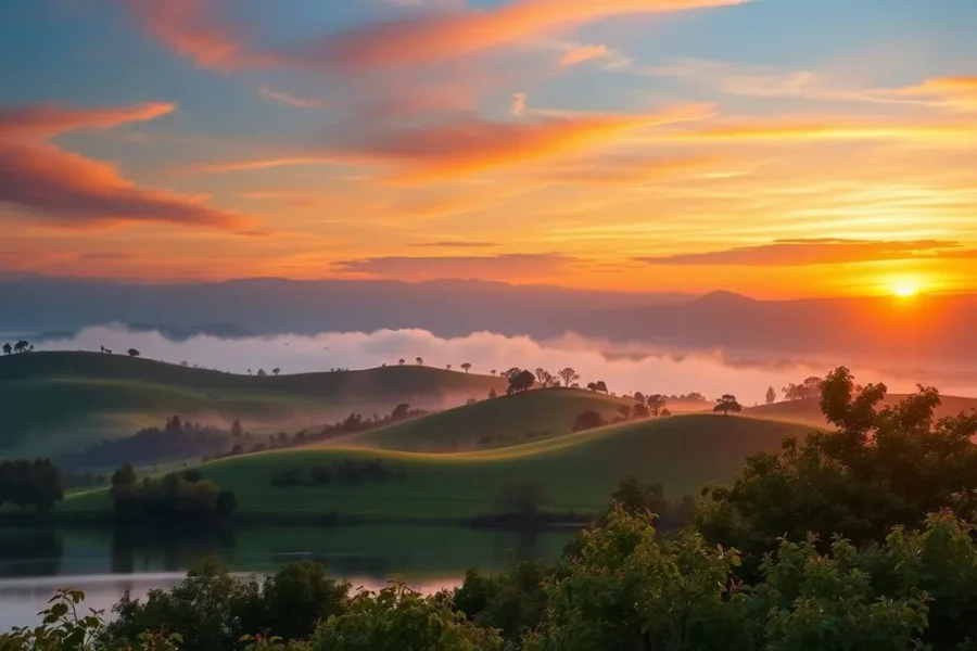 Paisagem serena de um nascer do sol, simbolizando novos começos.