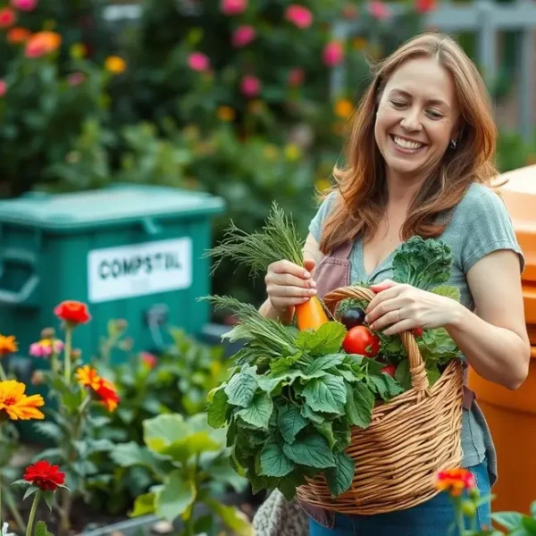 Mulher feliz cuidando do jardim, com composteira ao fundo.