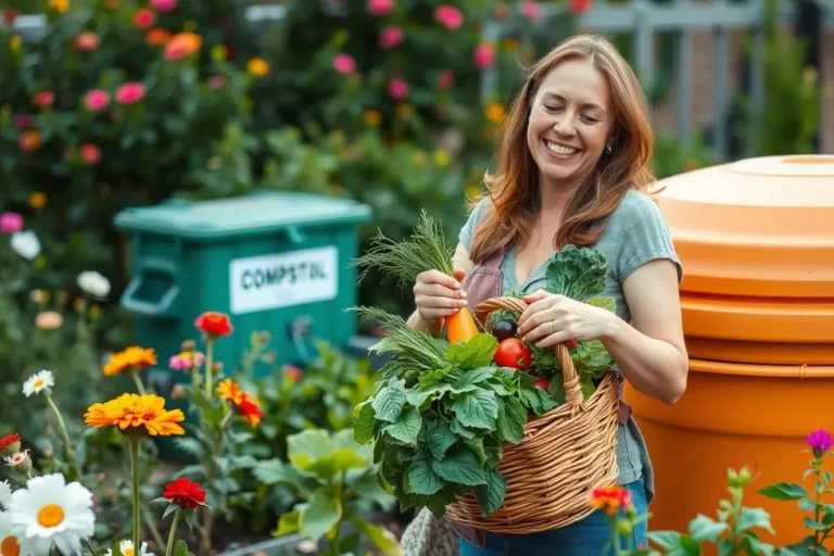 Mulher feliz cuidando do jardim, com composteira ao fundo.