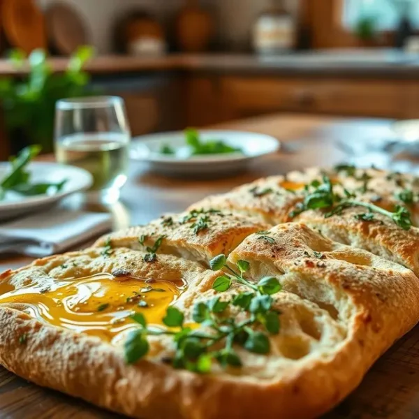 Mesa com focaccia decorada e convidativa para uma refeição.