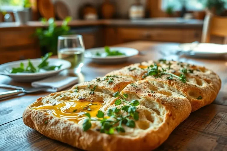 Mesa com focaccia decorada e convidativa para uma refeição.