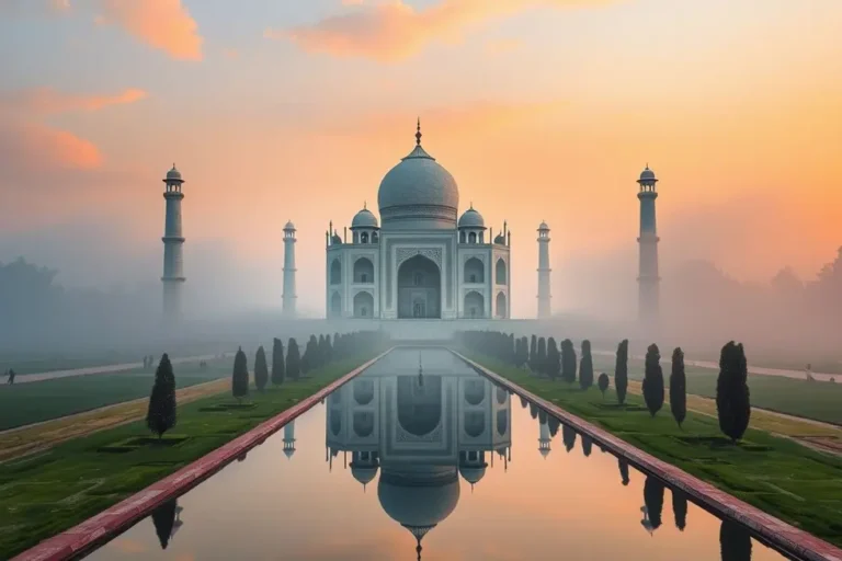 Taj Mahal refletindo nas águas ao amanhecer.
