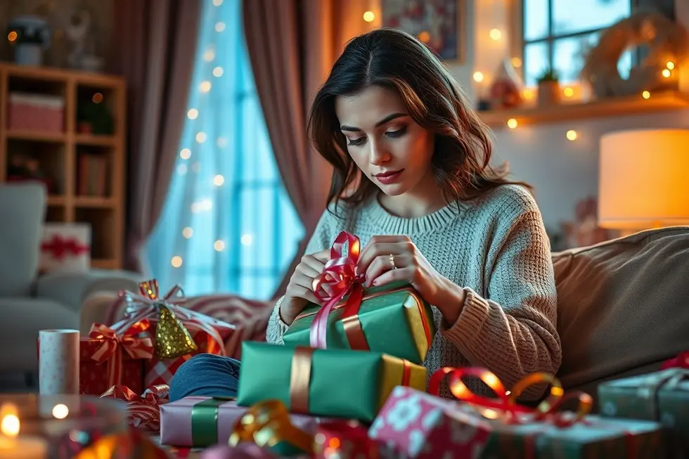 7 Presentes Criativos que Encantarão seu Namorado 8 Mulher empacotando um presente único em um ambiente acolhedor.