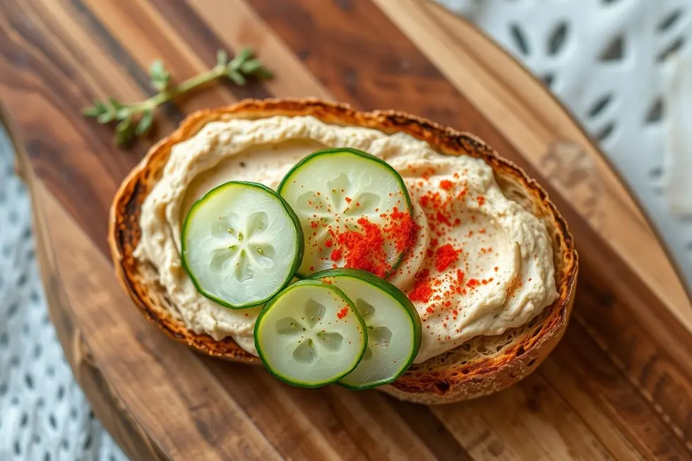 Torrada de Pão de Centeio com Hummus e Pepino