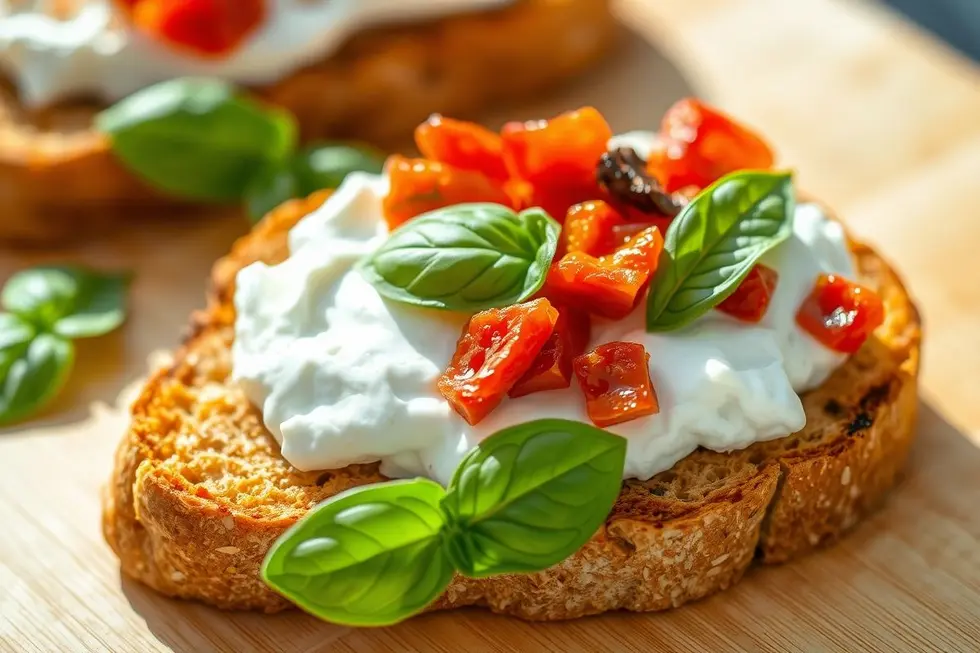 Torrada de Ricota com Tomate Seco e Manjericão
