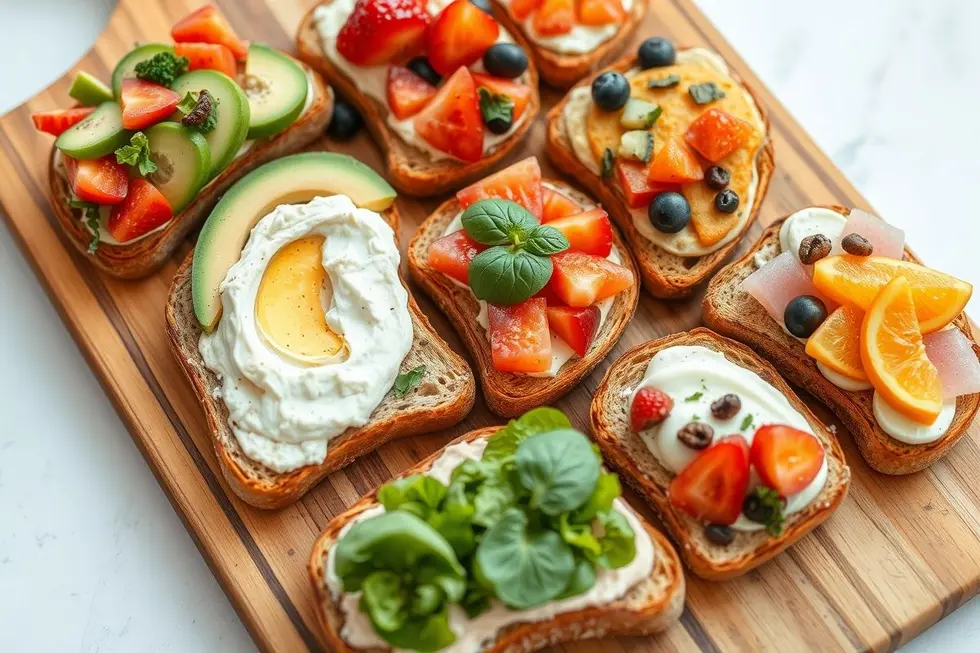 7 Torradas Saudáveis para Aumentar sua Energia e Refrescar seu Dia 8 Várias torradas saudáveis com coberturas coloridas em uma tábua de madeira.