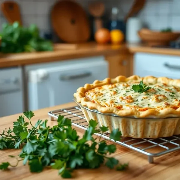 Cozinha aconchegante com tortinha de atum fresca.